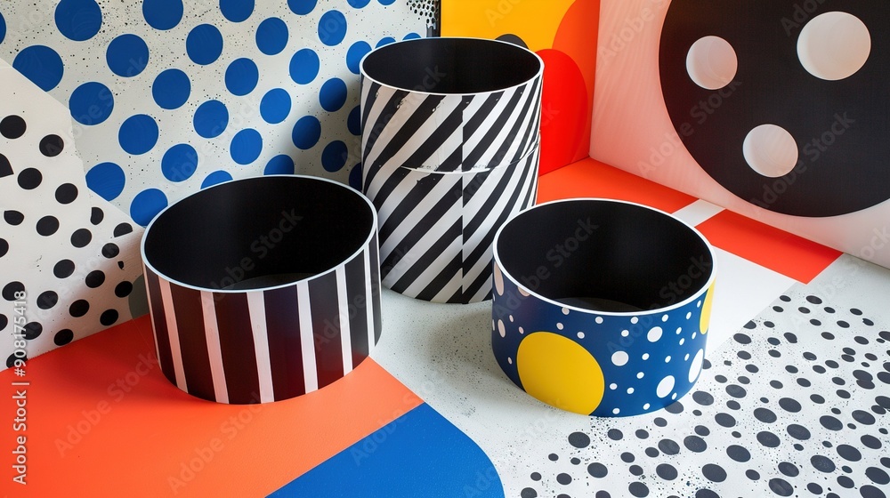 Aufkleber three black vases arranged on a colorful tablecloth with dotted and circular patterns