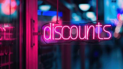 A backlit box sign with "discounts" in bright, illuminated letters