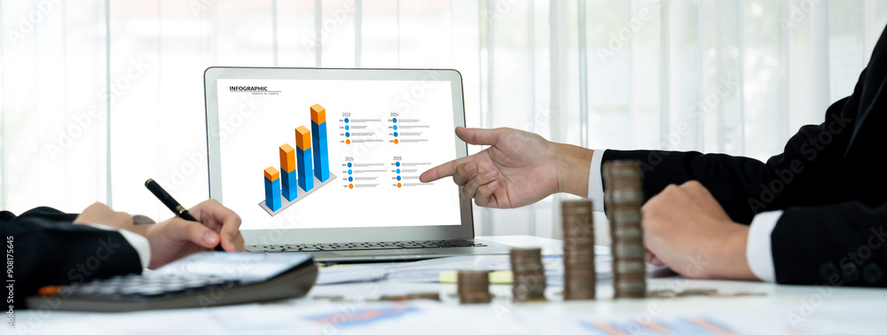 Poster business intelligence analyst use bi software on laptop to analyze financial data dashboard with gro