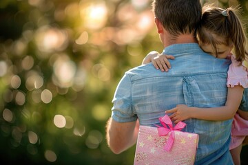 Obraz premium A father holding his daughter with a gift box in his hand, standing outdoors with a soft bokeh background. A moment of love and togetherness.