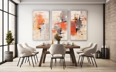 A contemporary dining room with a large wooden table surrounded by stylish chairs, adorned with colorful artwork and bathed in natural light
