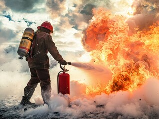 Obraz premium Firefighter Extinguishing Flames With Fire Extinguisher During Dramatic Emergency Response Training
