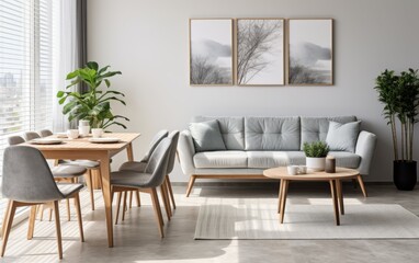 A stylish Scandinavian dining room features a cozy seating area, a wooden table, and plants that enhance the bright atmosphere