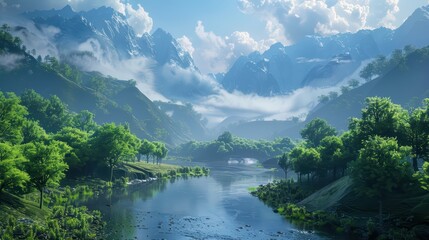 Fototapeta premium A calming wallpaper depicting realistic 3D-rendered elements of nature, such as lush forests, flowing rivers, and majestic mountains