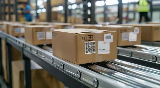 Cardboard packages with barcodes and QR codes moving on a conveyor belt in a warehouse setting, highlighting the process of logistics and automated sorting systems.