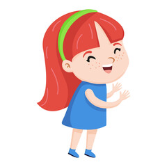 Cheerful red-haired girl. With fair skin and freckles. Back to school, kindergarten, girl happy, smiling. Illustration for education, holiday. On transparent background.
