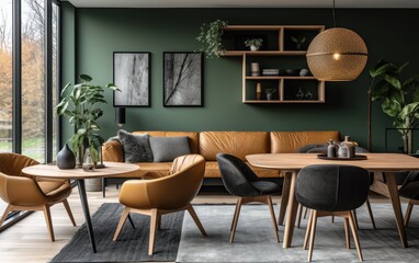 A Scandinavian dining area showcases warm tones, sleek furniture, and large windows, blending comfort with modern aesthetics while inviting natural light