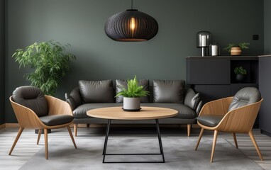 A stylish Scandinavian dining room features a cozy leather sofa, minimalistic chairs, and a wooden table accentuated by a greenery centerpiece