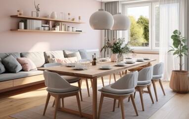 The dining room showcases a Scandinavian design with a wooden table, light chairs, and stylish decor, illuminated by natural light streaming through the window