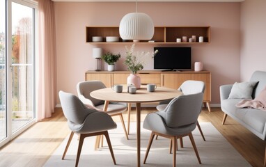 A cozy dining area featuring a round table, stylish chairs, and subtle decor, illuminated by natural sunlight through large windows