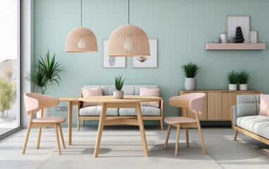 A bright Scandinavian dining room showcases a wooden table surrounded by pastel chairs, complemented by hanging lights and indoor plants