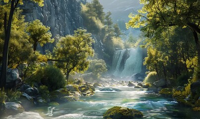 Serene landscape with a flowing river and dense forest, natural tranquility