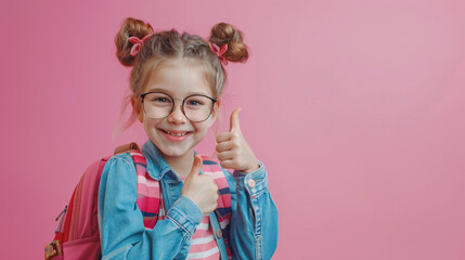 Fototapeta premium A young girl with glasses and a backpack gives a thumbs-up, smiling confidently against a pink background