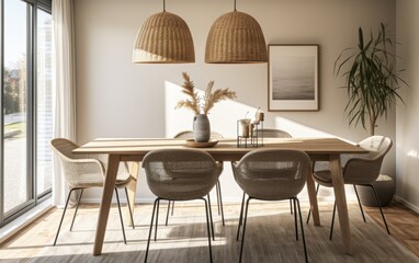 A beautifully styled Scandinavian dining room with wicker pendant lights, a wooden table, and plush chairs, bathed in warm, natural sunlight
