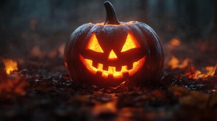 4K Realistic Animation A jack-o'-lantern with a sinister grin, glowing brightly in the darkness