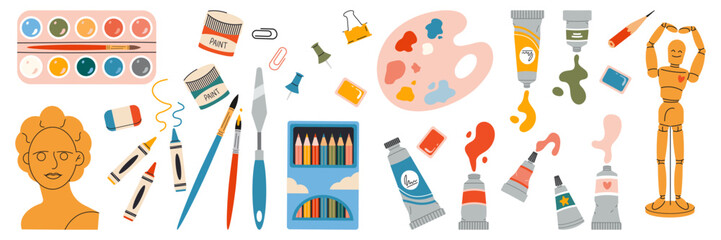 Set of different painting tools and supplies for school. Art supplies: mannequins, paints, brushes, pencils. Trendy modern vector illustration isolated on white, hand drawn, flat design