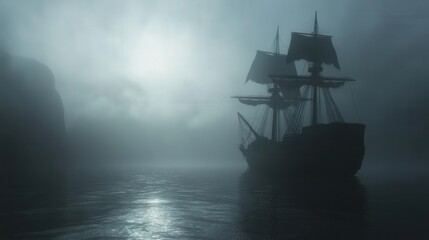 Fototapeta premium 4K Realistic Animation A ghost ship sailing through foggy waters under a dark sky