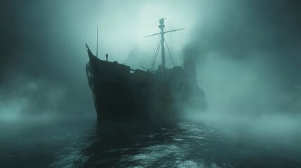4K Realistic Animation A ghost ship sailing through foggy waters under a dark sky