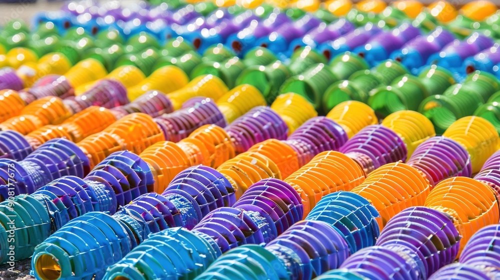 Poster a row of colorful frisbees stacked on top of each other on the ground