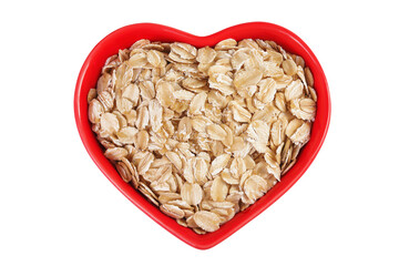 Oat flakes in red ceramic bowl isolated on white background with full depth of field. Top view....