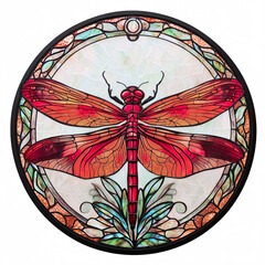 Stained glass style round mandala of a detailed scarlet red dragonfly , isolated on a white background.	