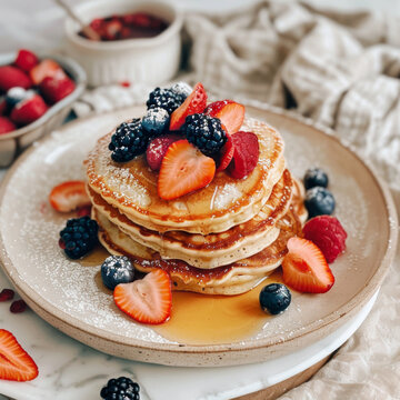 Pancakes with berries and maple syrup