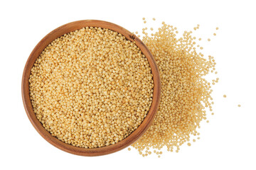 Amaranth grain seeds in wooden bowl isolated on white background. Top view. Flat lay