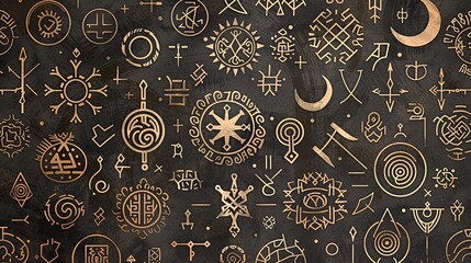 Ancient Symbols of Magic - A Digital Collage of Golden Runes and Glyphs on Black Background, occult , esoteric , magic , ritual
