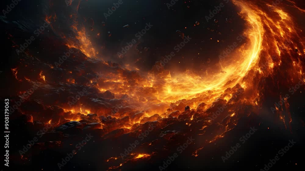 Poster a fiery cosmic swirl of energy and debris in space, a mesmerizing visual representing the power and 