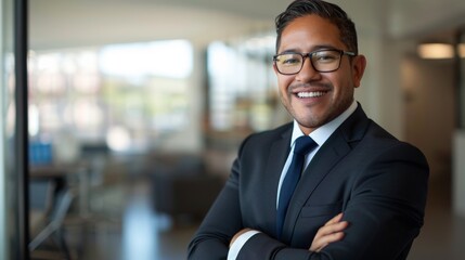 Fototapeta premium Confident Businessman in Suit and Glasses, Portrait Photography, Smiling Man, Office Setting, Business, Professional, Success