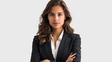 Obraz premium Confident Woman in Black Suit, Portrait, Professional, White Background, Businesswoman, Confidence, Portrait Photography