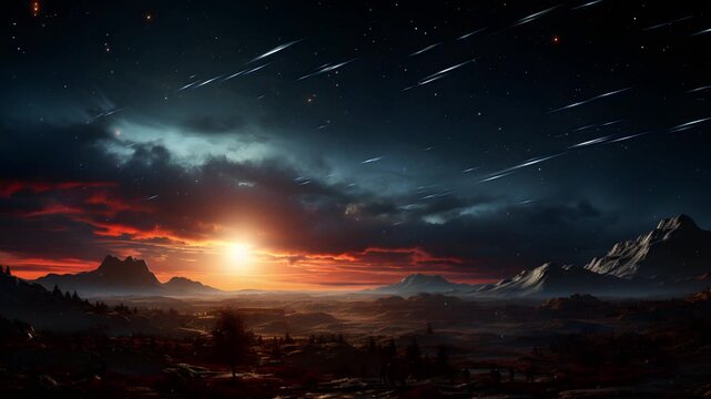 A stunning view of a majestic mountain range as the sun sets in the distance with a plethora of shooting stars. The sky is alive with light and color, creating a captivating scene.