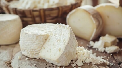 Fototapeta premium Cheese on a wooden board, near a basket on a table