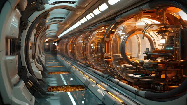 A long futuristic corridor with glowing orange lights and clear pods lined up along the walls. The pods contain advanced medical equipment and a person inside.