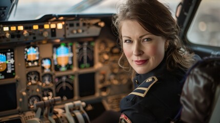 Fototapeta premium Female Pilot in Cockpit, Portrait, Airplane Controls, Women in Aviation, Pilot, Flight, Airplane