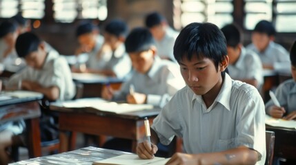 Obraz premium Focused Student in a Classroom, Color Photograph, Close-up of a young boy writing in a notebook, classroom, education, school, concentration