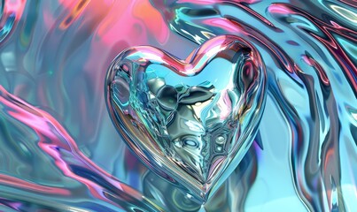 Cyber metallic reflection cosmic collection of fashionable items, 2D chrome heart Y2K shape in future galaxy aesthetic. Modern silver liquid love icon futuristic metal glossy steel sticker