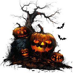 Spooky Halloween night vector with carved pumpkins, bats, and moon