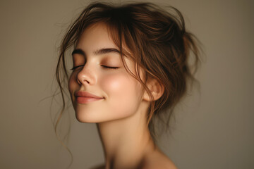 A close up of a girl's face with her eyes closed