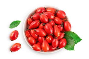 Rose hip in ceramic bowl isolated on a white background with full depth of field. Top view. Flat lay.