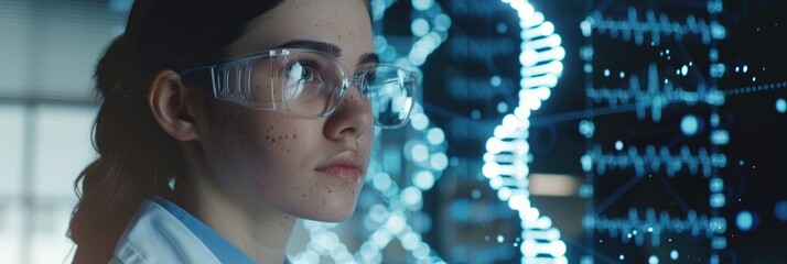 Caucasian Female Doctor in Hospital with DNA and Medical Data Processing