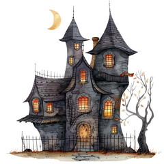 Eerie medieval castle tower stands tall in dark fantasy landscape