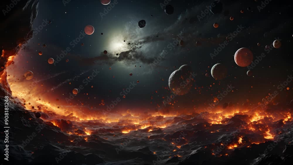 Poster a fiery scene in space with planets and asteroids orbiting a star.