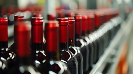 Red Wine Bottles on a Conveyor Belt, Winemaking, Winery, Bottling, Production