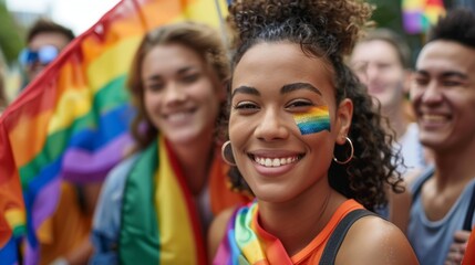 Fototapeta premium Smiling Woman with Rainbow Flag Makeup at Pride Parade, pride , lgbtq , celebration , diversity