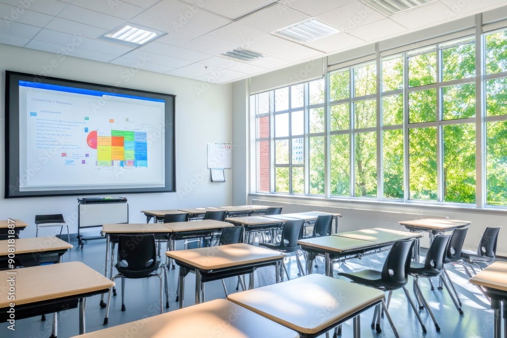 Poster empty classroom with desks and chairs facing a large window