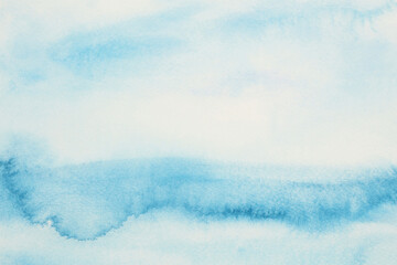 Ink watercolor hand drawn smoke flow stain blot landscape painting wet paper texture background. Blue, beige color.
