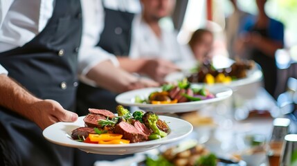 Waiter Serving Delicious Steak with Veggies, Food, Restaurant, Dinner, Service