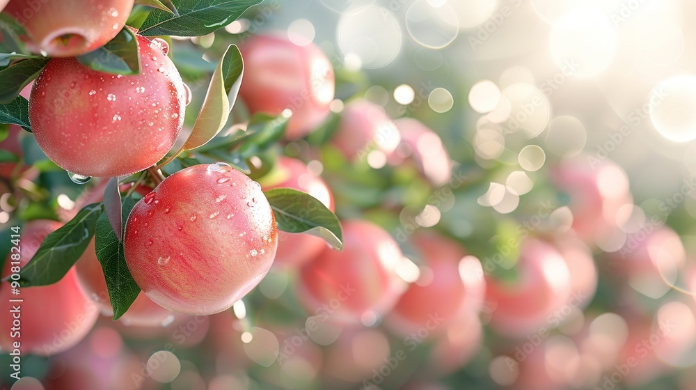 Poster close-up photo of multiple apples on a leafy branch, featuring dewdrops on the foliage against a sof