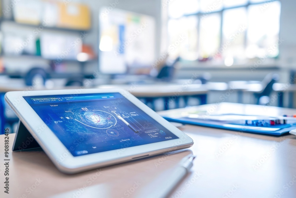 Aufkleber a tablet displaying a blue digital interface on a desk in a classroom